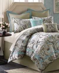 A soft, understated palette melds with a luminous paisley pattern in this Kensington comforter set for a fresh, inspired look in your room. Bedskirt, shams and decorative pillows tie together this alluring arrangement. A soft, understated palette melds with a luminous paisley pattern in this Kensington comforter set for a fresh, inspired look in your room. Bedskirt, shams and decorative pillows tie together this alluring arrangement.