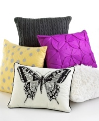 Floral frenzy. Accessorize your home with this Felt Floral decorative pillow, featuring dimensional petal embellishments in a bright purple hue. Floral frenzy. Accessorize your home with this Felt Floral decorative pillow, featuring dimensional petal embellishments in a bright purple hue.