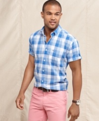 Prep up your seasonal look with this plaid short-sleeved shirt from Tommy Hilfiger. Prep up your seasonal look with this plaid short-sleeved shirt from Tommy Hilfiger.