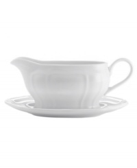 An elegant way to serve delicious homemade gravy and sauces, this gravy boat from Mikasa's Antique White dinnerware and dishes collection has a soft geometric feel and clean, embossed design. Platter included to catch any drips. An elegant way to serve delicious homemade gravy and sauces, this gravy boat from Mikasa's Antique White dinnerware and dishes collection has a soft geometric feel and clean, embossed design. Platter included to catch any drips.