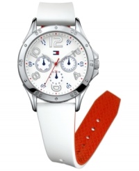 Tommy Hilfiger's iconic red, white and blue style is at the forefront of this sporty timepiece. Tommy Hilfiger's iconic red, white and blue style is at the forefront of this sporty timepiece.