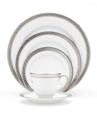 The unparalleled style of Noritake china has been gracefully setting tables for more than ninety years. The formal Crestwood Platinum dinnerware and dishes collection features crisp white china embellished with a shimmering border of interlocking scrolled leaves and an edge of polished platinum. The unparalleled style of Noritake china has been gracefully setting tables for more than ninety years. The formal Crestwood Platinum dinnerware and dishes collection features crisp white china embellished with a shimmering border of interlocking scrolled leaves and an edge of polished platinum.