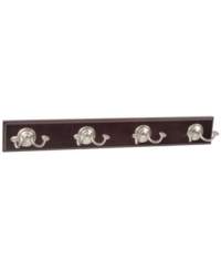 Create order. These mounted side-by-side hooks utilize untapped wall space and make it easy to clean up and organize any room. The satin nickel-finished hooks sit pretty on a finished solid wood board that easily installs in mere minutes. Create order. These mounted side-by-side hooks utilize untapped wall space and make it easy to clean up and organize any room. The satin nickel-finished hooks sit pretty on a finished solid wood board that easily installs in mere minutes.