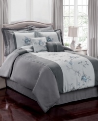 Trailing vines. Gorgeous embroidered florals cascade upon a cool gray landscape in this Regis Vine comforter set for a peaceful ambiance in your space. Trailing vines. Gorgeous embroidered florals cascade upon a cool gray landscape in this Regis Vine comforter set for a peaceful ambiance in your space.