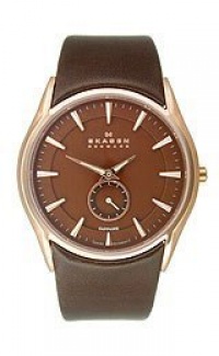 Skagen Brown Dial Gold Tone Stainless Steel Brown Leather Mens Watch 808XLRLD Skagen Brown Dial Gold Tone Stainless Steel Brown Leather Mens Watch 808XLRLD