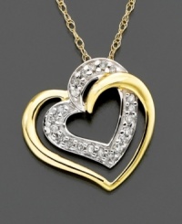 Heart to heart. Shimmering round-cut diamonds (1/10 ct. t.w.) combine perfectly on this 14k gold diamond heart pendant for an exquisitely elegant look. Diamond necklace with chain, measures 18 inches; drop measures 1/2 inch. Heart to heart. Shimmering round-cut diamonds (1/10 ct. t.w.) combine perfectly on this 14k gold diamond heart pendant for an exquisitely elegant look. Diamond necklace with chain, measures 18 inches; drop measures 1/2 inch.