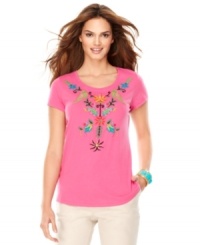 Channeling a handcrafted look with colorful embroidery, this cotton tee from Charter Club is great for vacation getaways or just for everyday style! Channeling a handcrafted look with colorful embroidery, this cotton tee from Charter Club is great for vacation getaways or just for everyday style!