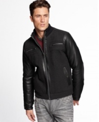 This INC International Concepts coat pairs varsity-inspired style with a sleek bomber look. This INC International Concepts coat pairs varsity-inspired style with a sleek bomber look.