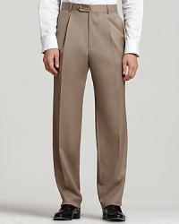 BOSS Black Dr. Hook Trousers. Single reverse pleated pants in virgin wool with rayon viscose lining to knee and unfinished hem. Inner button, hook and button tab closure. Side trouser pockets. Back buttoned welt pockets. 11.5 front rise. 17.5 leg opening. BOSS Black Dr. Hook Trousers. Single reverse pleated pants in virgin wool with rayon viscose lining to knee and unfinished hem. Inner button, hook and button tab closure. Side trouser pockets. Back buttoned welt pockets. 11.5 front rise. 17.5 leg opening.