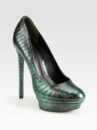 Iridescent metallic snakeskin transforms this towering design into a sexy after-hours pump. Self-covered heel, 5¾ (145mm)Covered platform, 1½ (40mm)Compares to a 4¼ heel (110mm)Metallic snakeskin upperLeather lining and solePadded insoleImported Iridescent metallic snakeskin transforms this towering design into a sexy after-hours pump. Self-covered heel, 5¾ (145mm)Covered platform, 1½ (40mm)Compares to a 4¼ heel (110mm)Metallic snakeskin upperLeather lining and solePadded insoleImported