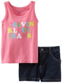 Calvin Klein Girls 2-6X Tee With Denim Short, Pink, 3T Calvin Klein Girls 2-6X Tee With Denim Short, Pink, 3T