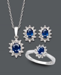 Let style reign supreme in this royalty-inspired jewelry set. Includes a matching pendant, stud earrings and ring each decorated by oval-cut sapphires (1-1/2 ct. t.w.) encircled by sparkling diamonds (1/3 ct. t.w.). Set in sterling silver. Approximate necklace length: 18 inches. Approximate pendant drop: 1/2 inch. Approximate earring diameter: 1/4 inches. Ring size 7. Let style reign supreme in this royalty-inspired jewelry set. Includes a matching pendant, stud earrings and ring each decorated by oval-cut sapphires (1-1/2 ct. t.w.) encircled by sparkling diamonds (1/3 ct. t.w.). Set in sterling silver. Approximate necklace length: 18 inches. Approximate pendant drop: 1/2 inch. Approximate earring diameter: 1/4 inches. Ring size 7.