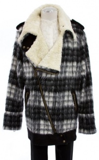 Free People Charcoal Combo Plaid Faux Fur Asymmetrical Zip Jacket Coat Large Free People Charcoal Combo Plaid Faux Fur Asymmetrical Zip Jacket Coat Large