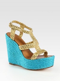 Modern colorblock design with braided metallic leather straps and an espadrille wedge. Hemp wedge, 5 (125mm)Hemp platform, 1½ (40mm)Compares to a 3½ heel (90mm)Metallic leather upperLeather lining and soleImportedOUR FIT MODEL RECOMMENDS ordering one half size up as this style runs small. Modern colorblock design with braided metallic leather straps and an espadrille wedge. Hemp wedge, 5 (125mm)Hemp platform, 1½ (40mm)Compares to a 3½ heel (90mm)Metallic leather upperLeather lining and soleImportedOUR FIT MODEL RECOMMENDS ordering one half size up as this style runs small.