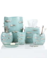 There are plenty of fish in the sea. Swim into a serene beach haven with this Nantucket wastebasket, featuring enchanting silver fish on a cool blue backdrop for a soothing presentation. Finished with mosaic glass trim. There are plenty of fish in the sea. Swim into a serene beach haven with this Nantucket wastebasket, featuring enchanting silver fish on a cool blue backdrop for a soothing presentation. Finished with mosaic glass trim.