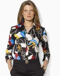 Awash in a vibrant nautical flag print, a classic tailored shirt is crafted from silky cotton broadcloth with three-quarter sleeves for breezy style. Awash in a vibrant nautical flag print, a classic tailored shirt is crafted from silky cotton broadcloth with three-quarter sleeves for breezy style.