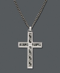Made of strong metal, this cross necklace symbolizes the ultimate long-lasting gift of faith. Cross pendant crafted with stainless steel and carbide. Featured on a diamond accent curb chain. Approximate length: 24 inches. Approximate drop: 1-1/2 inches. Made of strong metal, this cross necklace symbolizes the ultimate long-lasting gift of faith. Cross pendant crafted with stainless steel and carbide. Featured on a diamond accent curb chain. Approximate length: 24 inches. Approximate drop: 1-1/2 inches.
