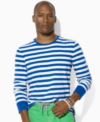 Evoking a timeless naval aesthetic, this classic crewneck is rendered in lightweight cotton jersey with long sleeves and classic horizontal stripes. Evoking a timeless naval aesthetic, this classic crewneck is rendered in lightweight cotton jersey with long sleeves and classic horizontal stripes.