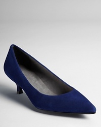 Stuart Weitzman injects classic pointed toe kitten heels with an exciting dose of color and texture in blue suede. Stuart Weitzman injects classic pointed toe kitten heels with an exciting dose of color and texture in blue suede.