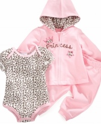Your little princess will let out her wild side in this terry hoodie, animal print bodysuit and pants set by First Impressions. Your little princess will let out her wild side in this terry hoodie, animal print bodysuit and pants set by First Impressions.