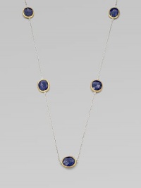 Rich lapis stations set in 24k gold on a sterling silver link chain for a truly elegant style. Lapis24k goldSterling silverLength, about 39½Lobster clasp closureImported Rich lapis stations set in 24k gold on a sterling silver link chain for a truly elegant style. Lapis24k goldSterling silverLength, about 39½Lobster clasp closureImported