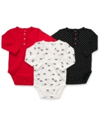 Made from 100% cotton, these feminine henley style bodysuits by Carter's will give baby girl all day comfort and cute girly style. Made from 100% cotton, these feminine henley style bodysuits by Carter's will give baby girl all day comfort and cute girly style.