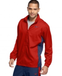 At the top of your game. Stay moving at a steady pace in this Nike jacket with Dri-Fit technology made for reaching your peak performance. At the top of your game. Stay moving at a steady pace in this Nike jacket with Dri-Fit technology made for reaching your peak performance.