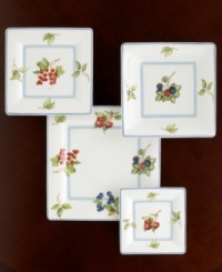Villeroy & Boch's Cottage Inn square plates are a colorful addition to the sophisticated table. Lush, dancing clusters of ripened blueberries, raspberries and cherries are a stunning contrast on creamy white porcelain and lend every meal a touch of traditional elegance. Dinner plate shown center. Villeroy & Boch's Cottage Inn square plates are a colorful addition to the sophisticated table. Lush, dancing clusters of ripened blueberries, raspberries and cherries are a stunning contrast on creamy white porcelain and lend every meal a touch of traditional elegance. Dinner plate shown center.
