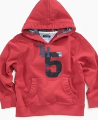 Layer him up this season in cute cozy style with this Tommy Hilfiger hoodie. Layer him up this season in cute cozy style with this Tommy Hilfiger hoodie.