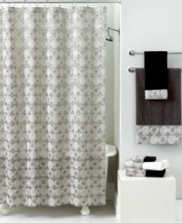 Cosmic chic. Featuring a sophisticated design of embroidered circles in shimmering silver, the Galaxy shower curtain from Avanti outfits your bath in planetary perfection. Cosmic chic. Featuring a sophisticated design of embroidered circles in shimmering silver, the Galaxy shower curtain from Avanti outfits your bath in planetary perfection.