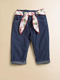 Classic denim gets a pretty update in a capri silhouette with contrasting seams, tulip-shaped pockets and a vibrant, floral belt.Front buttonAdjustable waistband with belt loops and floral beltZip flyTwo front pocketsTwo tulip-shaped back pocketsCuffed hemCottonMachine washImported Classic denim gets a pretty update in a capri silhouette with contrasting seams, tulip-shaped pockets and a vibrant, floral belt.Front buttonAdjustable waistband with belt loops and floral beltZip flyTwo front pocketsTwo tulip-shaped back pocketsCuffed hemCottonMachine washImported