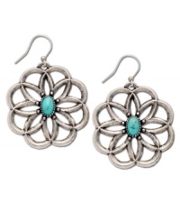 Natural beauty. Frame your face with these fresh-from-the-garden earrings by Lucky Brand. Flowers carved in worn silver tone mixed metal feature semi-precious reconstituted calcite turquoise at center of petals. Approximate drop: 1-5/8 inches.