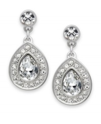 Classic elegance that adds versatility to your wardrobe. These Swarovski earrings feature a pear-shaped crystal framed in clear crystal pave. Crafted in rhodium-plated mixed metal. Approximate drop: 3/4 inch. Classic elegance that adds versatility to your wardrobe. These Swarovski earrings feature a pear-shaped crystal framed in clear crystal pave. Crafted in rhodium-plated mixed metal. Approximate drop: 3/4 inch.