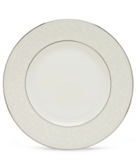 Pure opulence. Posh opalescence. This classically designed line of dinner plates from Lenox's dinnerware and dishes collection are accented by a platinum rim and a delicate flourish of vine-like, white-on-white imprints with raised, iridescent enamel dots. Great gift for housewarming, wedding or yourself. Dinner plate shown center. Pure opulence. Posh opalescence. This classically designed line of dinner plates from Lenox's dinnerware and dishes collection are accented by a platinum rim and a delicate flourish of vine-like, white-on-white imprints with raised, iridescent enamel dots. Great gift for housewarming, wedding or yourself. Dinner plate shown center.