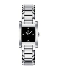 Clean lines and gleaming stainless steel make a modern, elegant statement. This watch by ESQ by Movado features a black dial, 4 diamond accent markers and Swiss quartz movement. Water resistant up to 30 meters. Two-year limited warranty. Clean lines and gleaming stainless steel make a modern, elegant statement. This watch by ESQ by Movado features a black dial, 4 diamond accent markers and Swiss quartz movement. Water resistant up to 30 meters. Two-year limited warranty.
