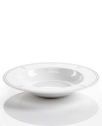 With a pure white finish and simple, geometric edge in durable bone china, the Links rim soup bowl from Hotel Collection has a look of quiet elegance that's ideal at modern tables. With a pure white finish and simple, geometric edge in durable bone china, the Links rim soup bowl from Hotel Collection has a look of quiet elegance that's ideal at modern tables.