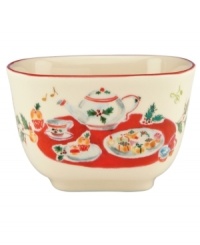 A holly motif drawn from the classic Holiday dinnerware pattern combined with colorful new depictions of the Christmas season makes the Holiday Illustrations nut bowl a festive addition to any table, as well as a beautiful gift. A holly motif drawn from the classic Holiday dinnerware pattern combined with colorful new depictions of the Christmas season makes the Holiday Illustrations nut bowl a festive addition to any table, as well as a beautiful gift.