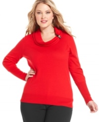Snuggle up in the casual elegance of Calvin Klein's long sleeve plus size sweater, finished by an embellished cowl neckline. Snuggle up in the casual elegance of Calvin Klein's long sleeve plus size sweater, finished by an embellished cowl neckline.