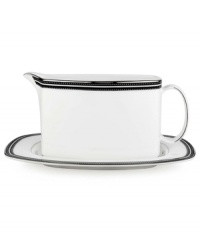 In the hands of kate spade, black and white is anything but basic. Dancing ebony stitched stripes provide a stunning contrast to the pristine china of the Union Street sauce boat with stand. In the hands of kate spade, black and white is anything but basic. Dancing ebony stitched stripes provide a stunning contrast to the pristine china of the Union Street sauce boat with stand.