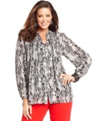Spice up your neutral bottoms with Jones New York Signature's snakeskin-print plus size blouse. Spice up your neutral bottoms with Jones New York Signature's snakeskin-print plus size blouse.