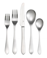 A flatware set with a brushed satin finish and minimalist design brings modern artistry to dinner tables. Soft curves in stainless steel provide a comfortable, balanced feel for everyday use. Includes service for 8 and serving pieces. A flatware set with a brushed satin finish and minimalist design brings modern artistry to dinner tables. Soft curves in stainless steel provide a comfortable, balanced feel for everyday use. Includes service for 8 and serving pieces.