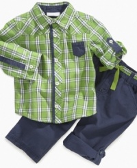 Button him up in this adorable set from First Impressions. The sweet shirt and pants roll up for a breezy look for baby.