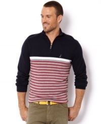 Simple preppy style is as easy as pairing this quarter-zip sweater from Nautica with a v-neck t-shirt or a button front. Simple preppy style is as easy as pairing this quarter-zip sweater from Nautica with a v-neck t-shirt or a button front.