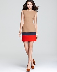 Shoshanna reinterprets classic hues on a timeless silhouette, updated with a trend-right, color blocked hem. Shoshanna reinterprets classic hues on a timeless silhouette, updated with a trend-right, color blocked hem.