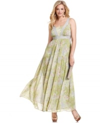 Jessica Simpson's garden-party-inspired, plus size maxi dress features a sheer, floral-print overlay and a contrasting empire waistband that puts a flattering emphasis on the silhouette. Jessica Simpson's garden-party-inspired, plus size maxi dress features a sheer, floral-print overlay and a contrasting empire waistband that puts a flattering emphasis on the silhouette.