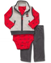 While he's a rock star in training, he'll amplify his style with this bold guitar bodysuit, cool looking vest, and cozy pants set by Carter's. While he's a rock star in training, he'll amplify his style with this bold guitar bodysuit, cool looking vest, and cozy pants set by Carter's.