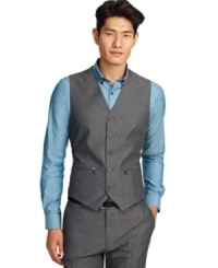Zippers on the pockets add a modern detail to this classic Kenneth Cole New York vest. Zippers on the pockets add a modern detail to this classic Kenneth Cole New York vest.