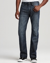 Buffalo's straight leg jeans feature distressing on the pockets and fading on thighs for instant worn-in cool.