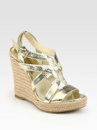 Metallic snake-print leather straps set atop an espadrille wedge and platform, secured by an adjustable slingback strap. Hemp wedge, 4½ (115mm)Hemp platform, 1 (25mm)Compares to a 3½ heel (90mm)Metallic snake-print leather upperLeather liningRubber solePadded insoleImported Metallic snake-print leather straps set atop an espadrille wedge and platform, secured by an adjustable slingback strap. Hemp wedge, 4½ (115mm)Hemp platform, 1 (25mm)Compares to a 3½ heel (90mm)Metallic snake-print leather upperLeather liningRubber solePadded insoleImported