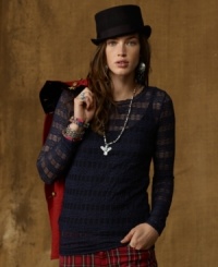 Venture for vintage elegance with Denim & Supply Ralph Lauren's luxe lace top finished in a classically tailored silhouette. Venture for vintage elegance with Denim & Supply Ralph Lauren's luxe lace top finished in a classically tailored silhouette.